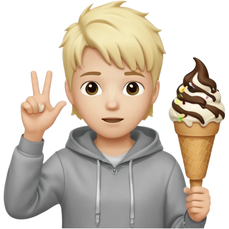 a white kid with a ice cream hairstyle blone hair with a grey hoodie and his above his hands saying 67 one 6 on 1 hand 7 on the other emoji