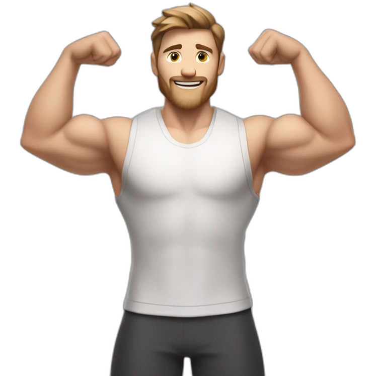 Close up Actively gesturing  with hands Pale skinned Fit Man With the biceps and brown hair in dark gray Sleeveless Mike, black oversize sports shorts, watch and white Sneakers emoji