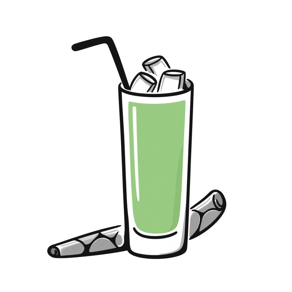 Hand-drawn glass of sugarcane juice with ice cubes, light green liquid, and a piece of sugarcane beside it emoji