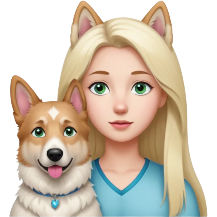 White European young woman with blue-green eyes and long blond hair with her white German Shepherd dog,the Dog hast a pink nose and short fur  ans Brown eyes emoji