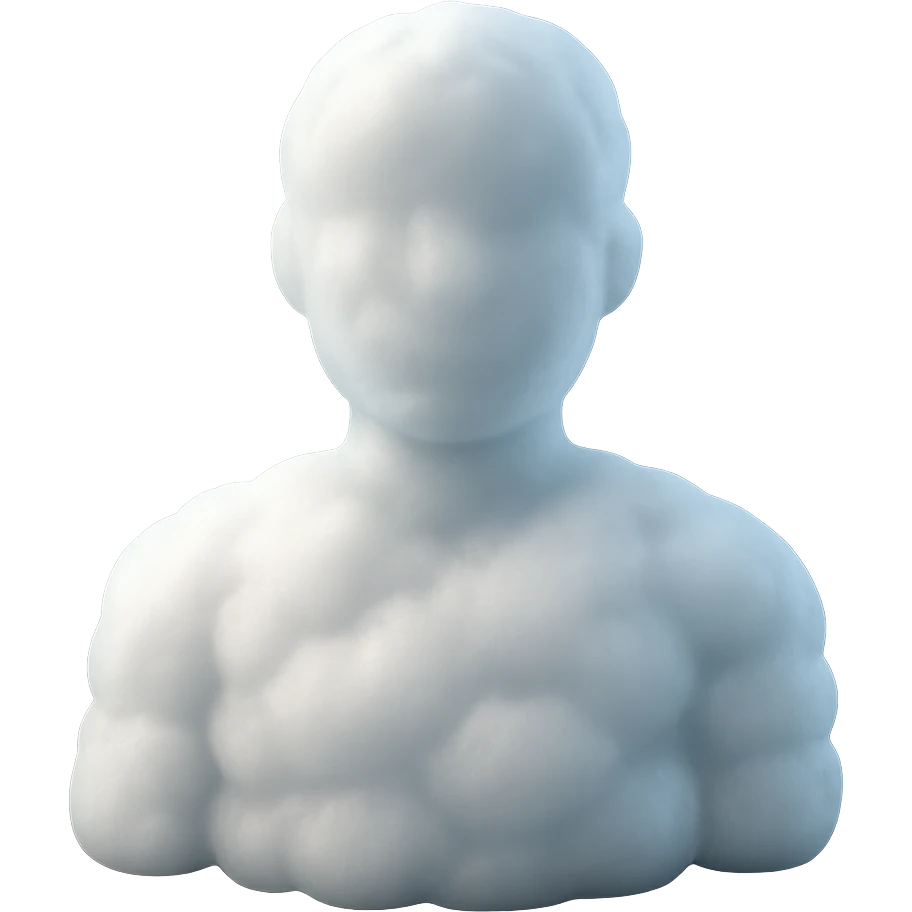 person looking straight, fully made of white fluffy convex clouds, shoulders, matte glass style emoji