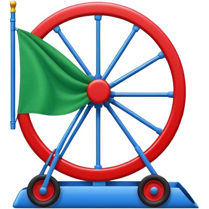 Un emoji drapeau avec la moitié de bleu et l’autre de vert avec une roue de roulotte rouge au centre assez grande emoji