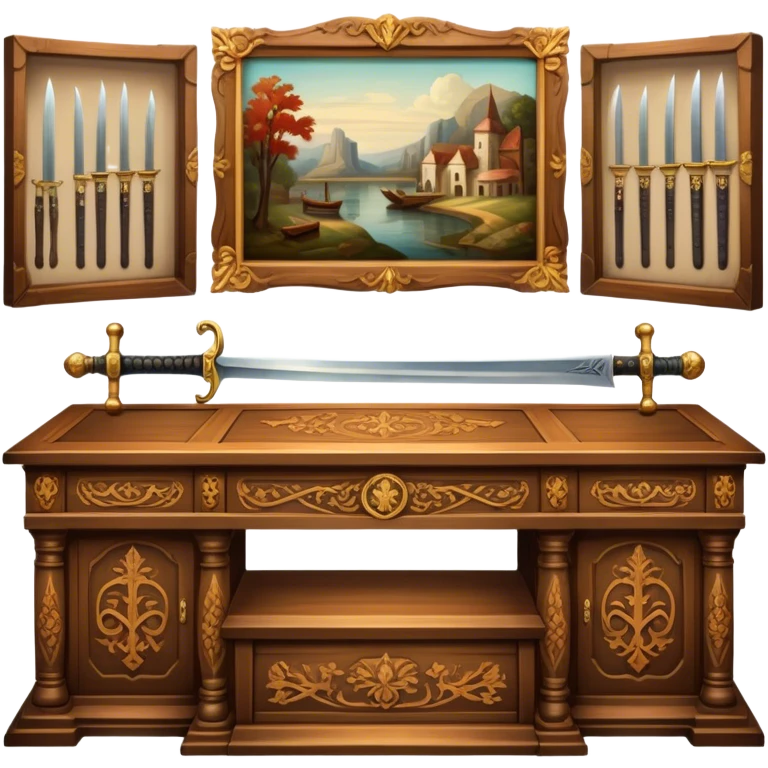 Icon for Antiques Collecting: vintage intricately carved furniture, famous paintings, antique swords, and rifles. The items are displayed on a wooden table or shelf. The icon should evoke the rich history and craftsmanship of antique collecting. Transparent background. emoji