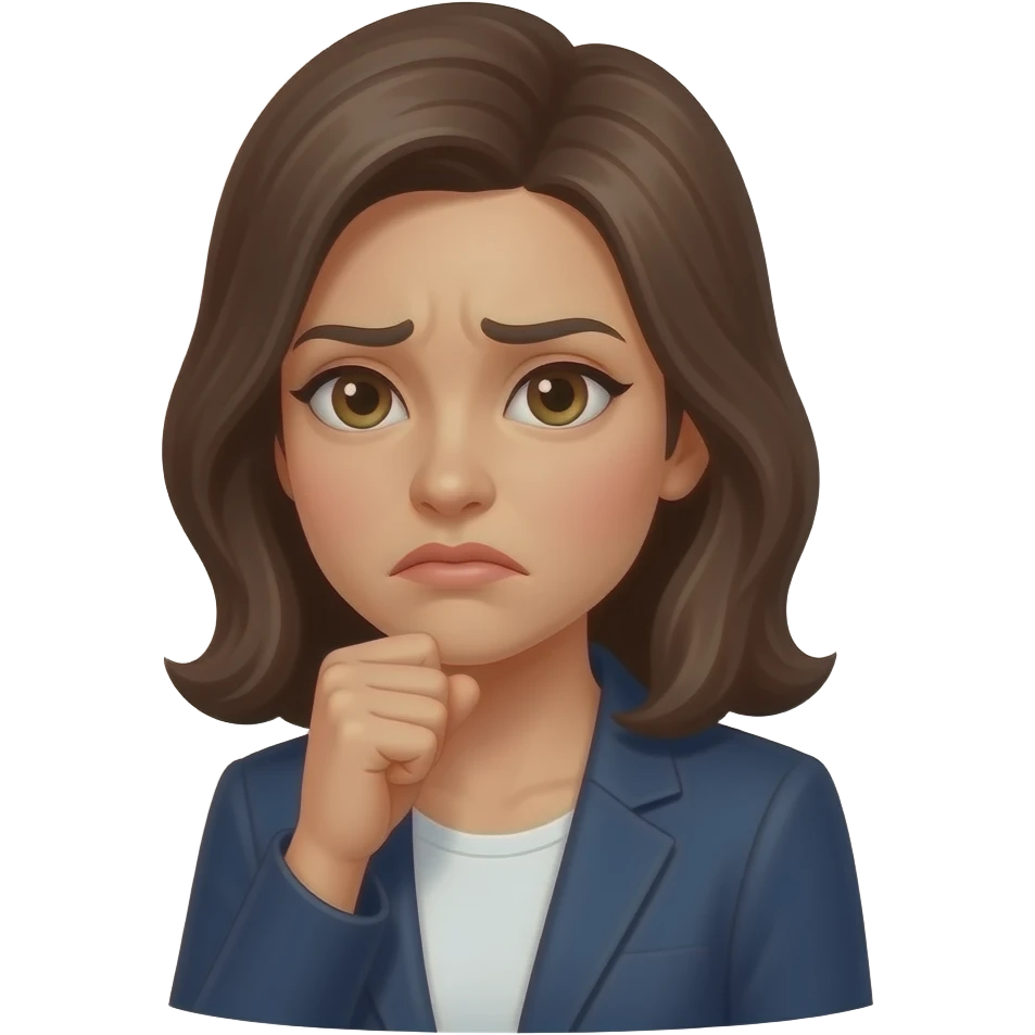 Woman with upset face, holding her fist up to, just below, her chin with STFU coming out of a word bubble emoji