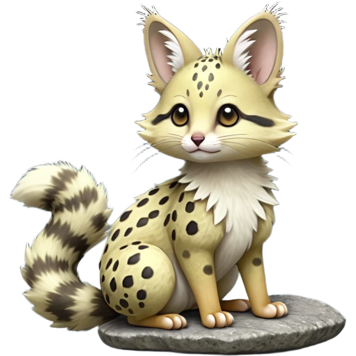 Hyper realistic  lichen-grey fur peppered with glowing fungus dots and damp stone tones beautiful elegant pretty precious cute  Fakémon-Pokémon-opossum-feline-serval-caracal-chinchilla-Furret-Minccino-hybrid-creature with a big fluffy bushy tail (full body) emoji