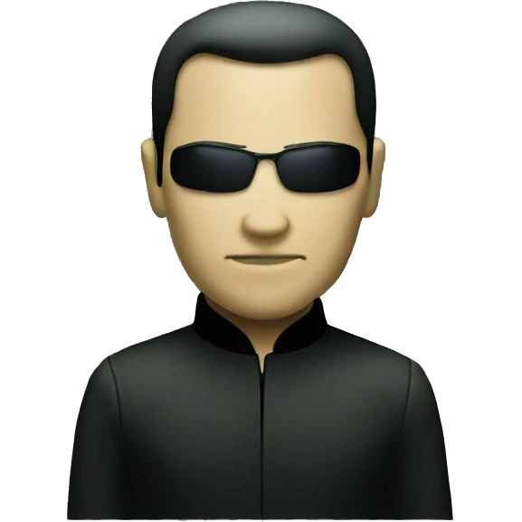 Neo from matrix with a serious face, waving, and matrix code in background emoji