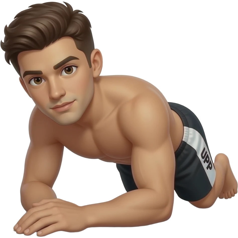 guy with brown hair with white white and black shorts that say "UPP" in white on the side forearms / !!!elbows touching the ground!!). Forearms on the ground not in aire emoji