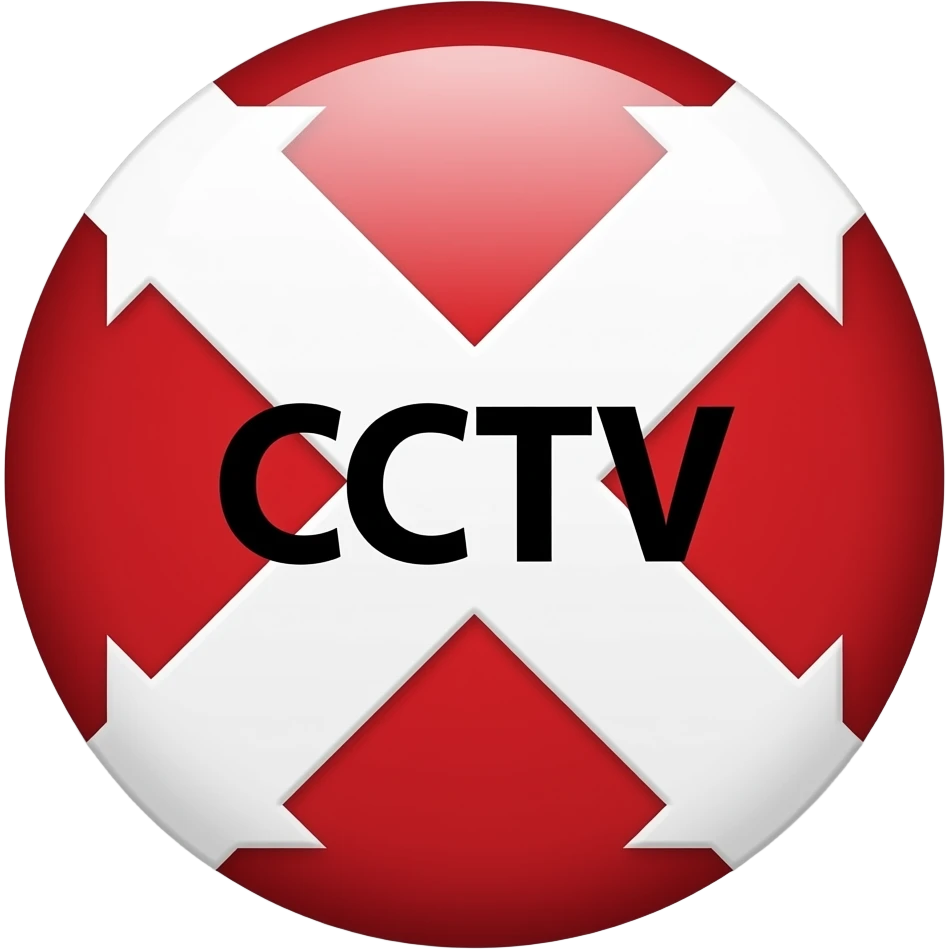 Red filled circle with white X and arrow on all end points on the X white circle in the middle. Big bold CCTV word in the centre in black emoji