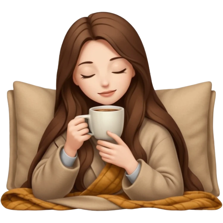 long brown hair woman closed eyes hiding under a cozy wool beige blanket, holding cup of coffee, autumn mood emoji