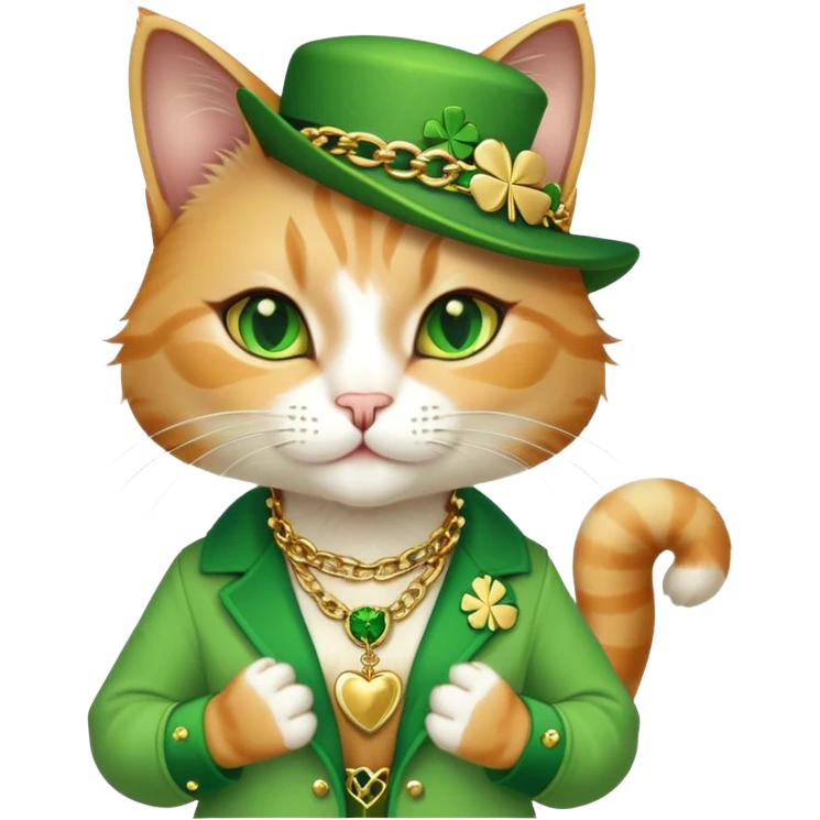 female cat dressed in hip-hop Run DMC style, green outfit, shamrock accessories, gold chains, bling, St. Patrick's Day emoji