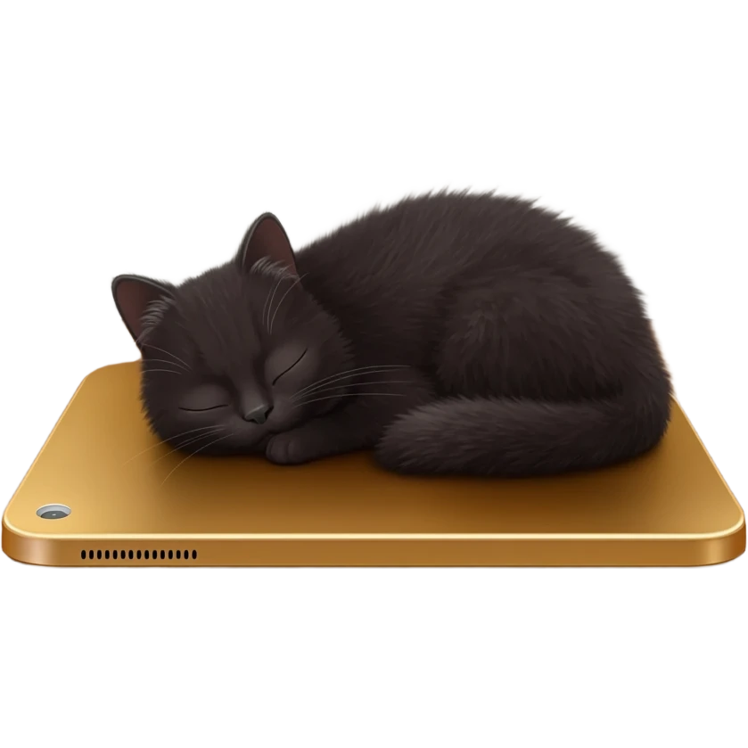 iPad icon bronze metallic with cute dark fluffy kitty sleeping above regular wood floor with white walls emoji
