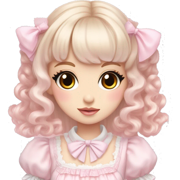 pale girl , who has curly medium length blonde and baby pink swirled hair with bangs , grey eyes , and doll like makeup , in a light pink lolita hime gyaru dress  emoji