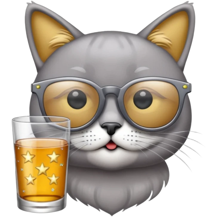 Fait un chat gris avec des lunettes de stars et avec un verre d alcool emoji