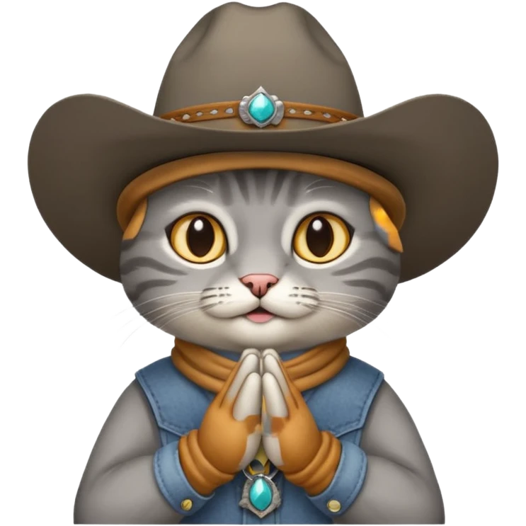 Gray cat with cowboy hat and prayer hands  emoji