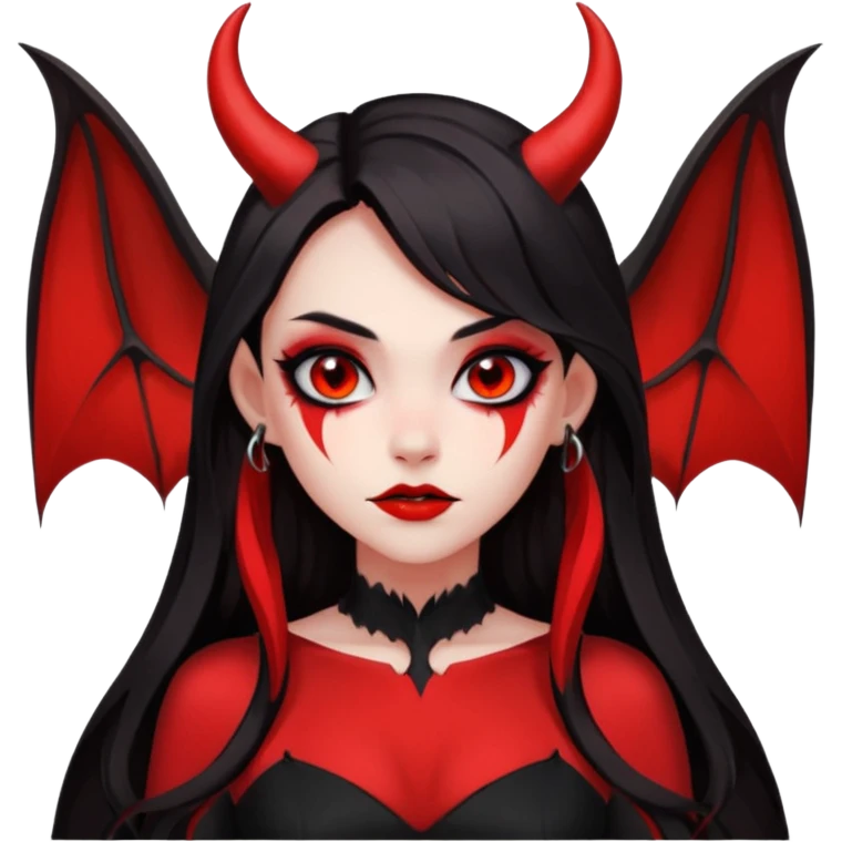 demon girl, skin red , black long hair, small horns, bat wing, black open-back dress, bold black outlines, red+black palette emoji
