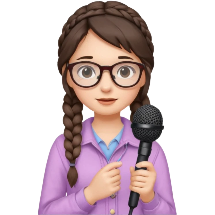 A shy braid brunette singer girl in pastel clothes with glasses, holding the mic with both hands. emoji