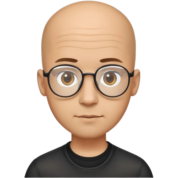 Man with small oval face and big forehead, aviator-style glasses, completely bald/shaved sides with very short curly dark hair only on top of head, neutral-friendly expression, light brown skin, wearing a black shirt emoji