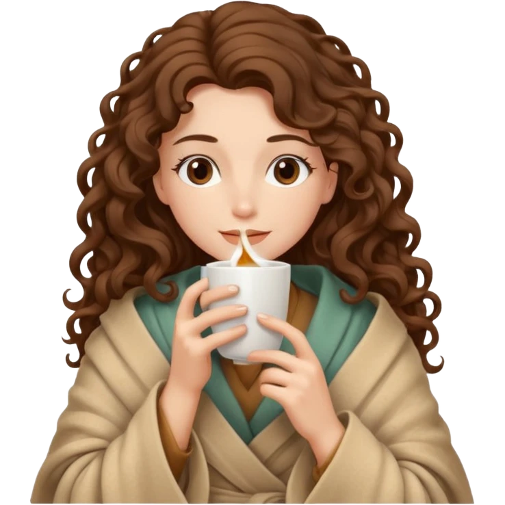 Gözleri kapalı, beyaz tenli ve uzun kıvırcık saçlı bir kadın avatar, battaniyeye sarılmış halde beyaz bir Türk kahvesi fincanından içeceğini huzurla yudumluyor. emoji