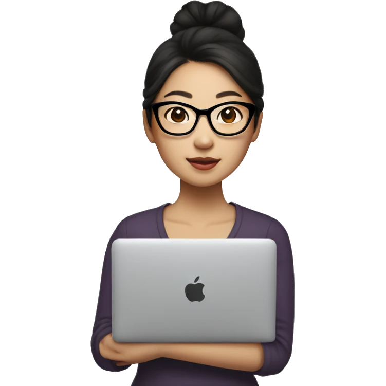asian woman buns dark hair with glasses holding macbook emoji