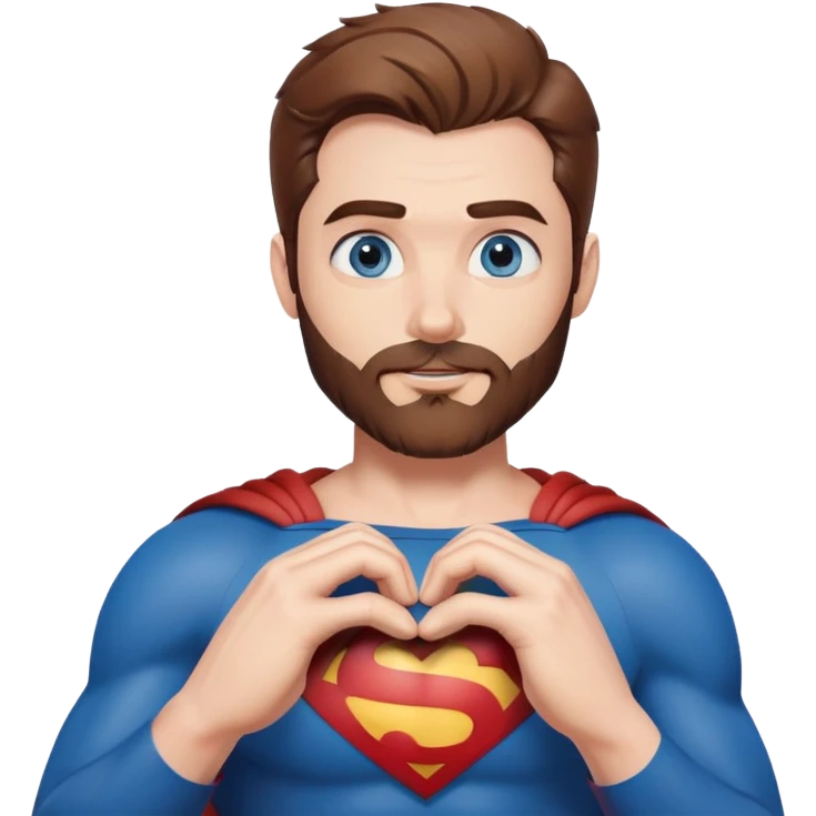 Adult Superman with blue eyes redish brownish hair and full scruffy beard making heart with his hands emoji