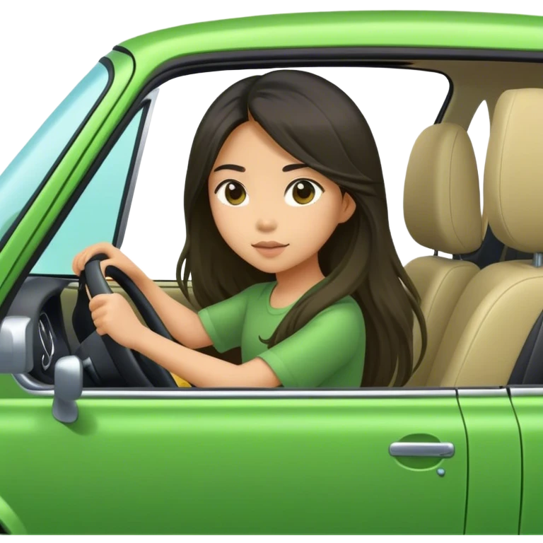 Long hair asian girl driving on her way in a green car  emoji