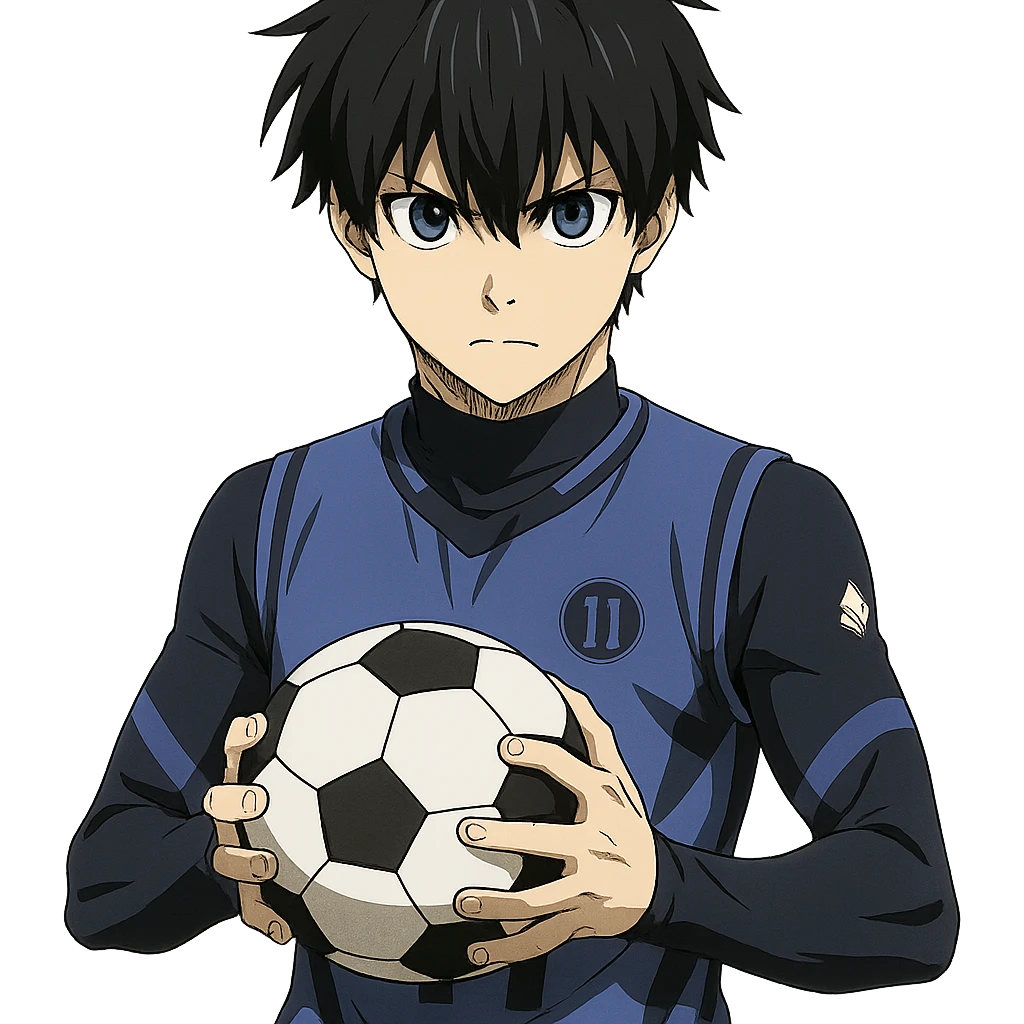 Isagi Yoichi, holding a soccer ball, determined expression, anime style emoji