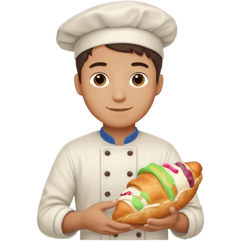 Young male baker – holding a croissant, flour on clothes

 emoji