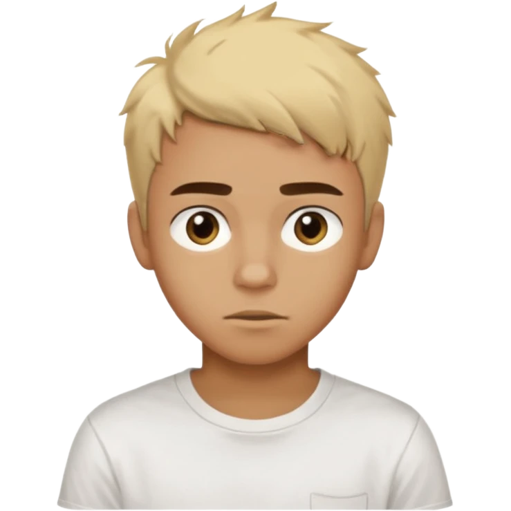 Short buzz, messy blonde hair. Dark brown bushy eyebrows large expressive golden-brown eyes, wearing a plain white t-shirt. Male Teenager. Brown skin color.  emoji