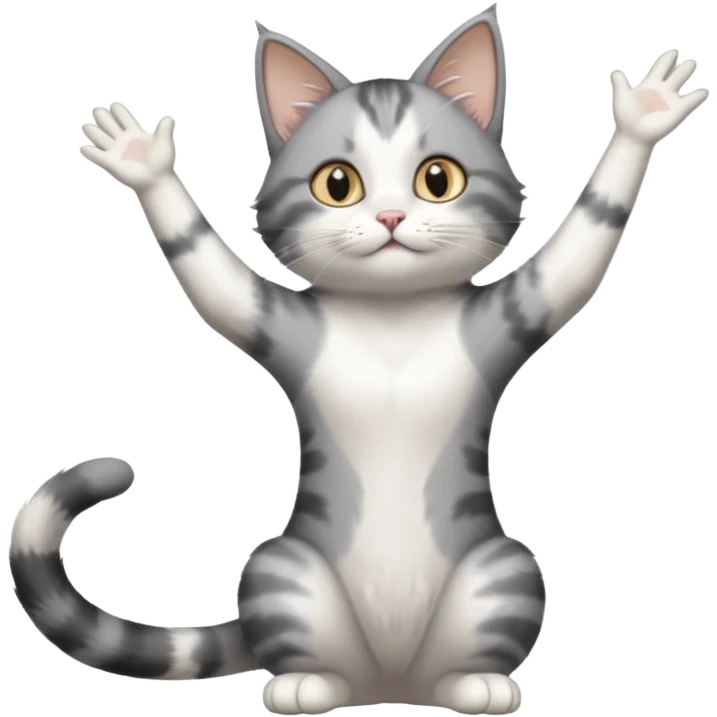 grey and white cat doing a big long stretch reaching up into the airwith arms together emoji