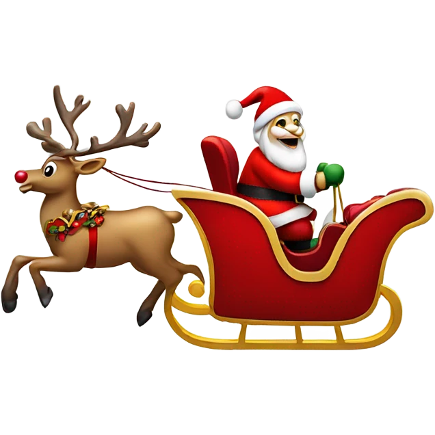 Santa Claus riding his red and gold sleigh which is being pulled by a reindeer with a red nose emoji