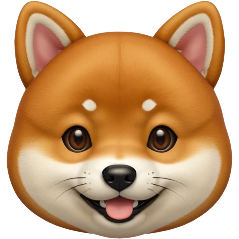 Head of a Shiba Inu dog in Apple emoji style, orange-brown fur with white muzzle and cheeks, round face, big black eyes, perky ears, grinning with closed mouth, no tongue, front-facing, glossy texture, soft shadows
 emoji