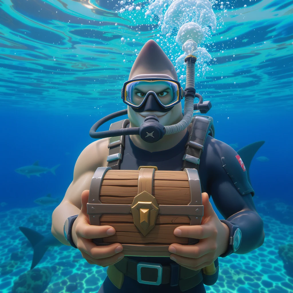 portrait, closeup, 3D, symmetrical, fortnite art style, diver holding chest underwater, happy shark swiming around him, blue crystal water, sunny day emoji