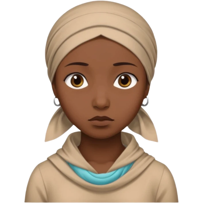 Emoji portrait of a female domestic slave. She has a sad expression and wears a plain dress with a headscarf. emoji
