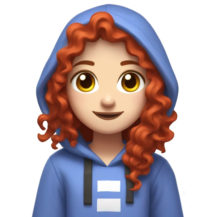 a white girl with long red curly hair and freckles, wearing periwinkle Minecraft hoodie playing a videogame smiling emoji