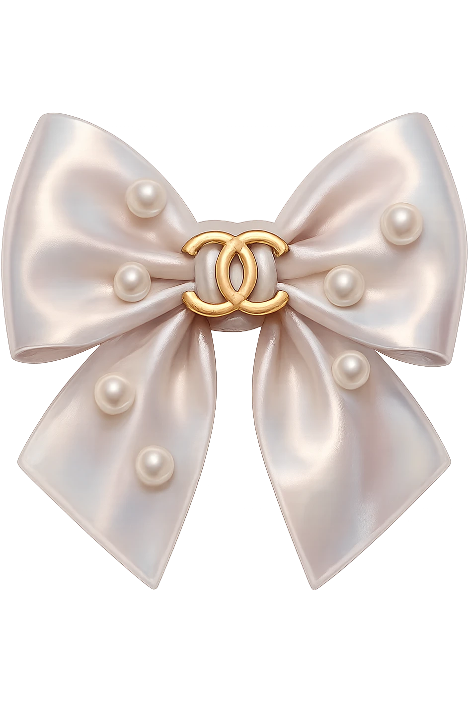 Remove the background, keep only the elegant bow with pearls and gold Chanel logo, glossy, pastel colors, realistic style, with no background. emoji