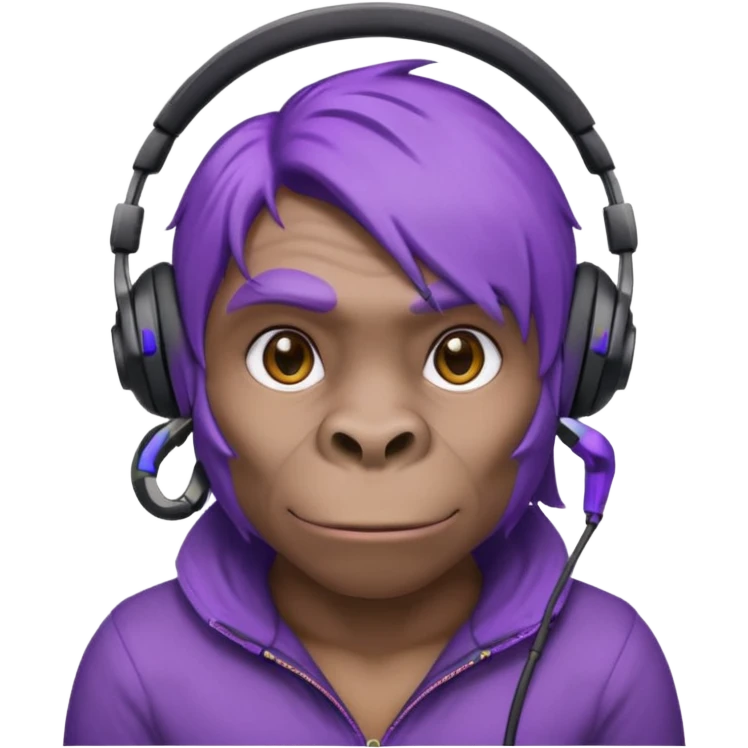 purple haired gorilla head with small in-ear headset emoji