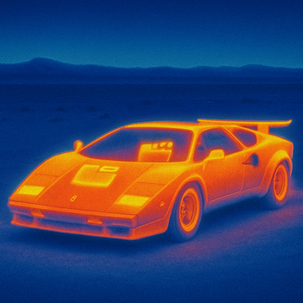 Lamborghini Countach with a camera and a clapperboard on the hood in a desert background emoji