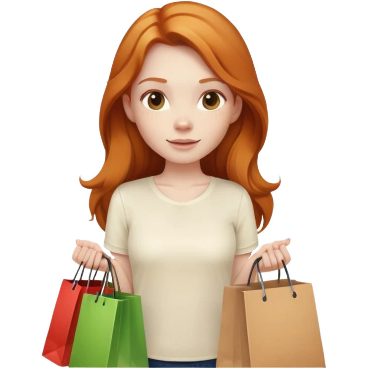 Beautiful Shopping ginger girl long hair holding bags cream shirt emoji