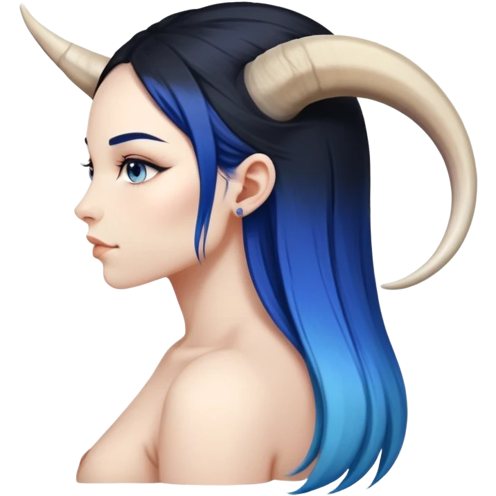 Art of woman's very big sexy body scheme anatomy-very long straight black to blue hair ombre-right side view-small goat horns emoji