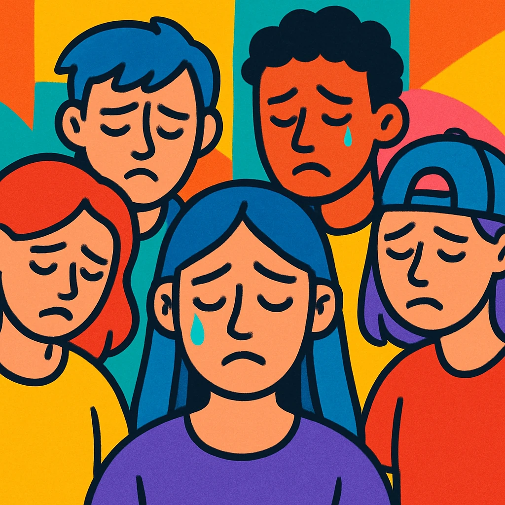 a group of young people showing sadness, colorful illustration style emoji