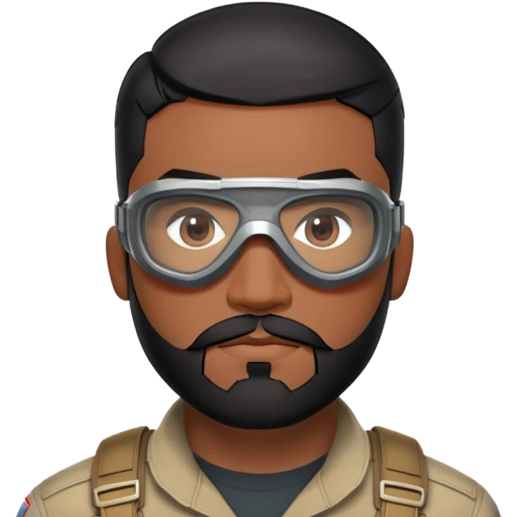 sam wilson with  short, neatly cropped black hair and a well-groomed beard that connects to his mustache,  wear sleek, red-tinted tactical goggles fit snugly from captain america: civil war emoji