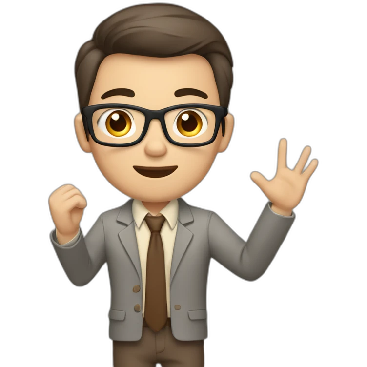 To belt Actively gesturing with hands Pale skinned fit man teacher with dark brown hair in gray jacket, beige office shirt, brown tie, brown pants and vintage glasses. emoji