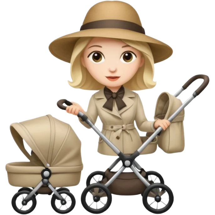 A stylish mother wearing a wide-brim hat, pushing a stroller. emoji
