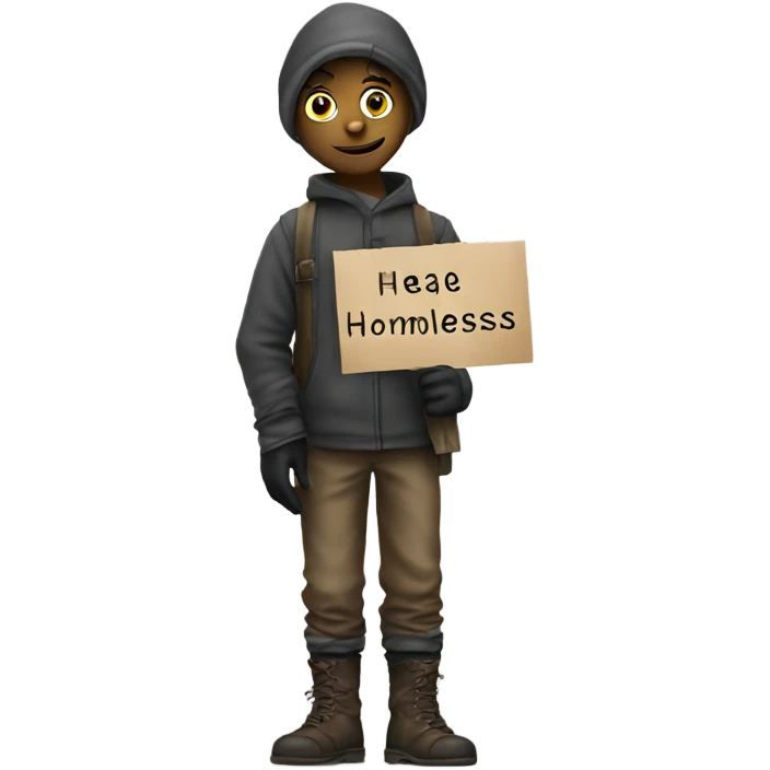 Homeless boy in gloves with sign emoji