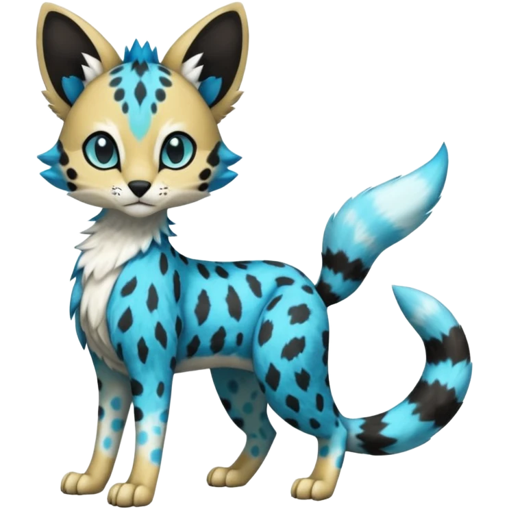 Colorful Meloetta-Sergal-Serval-Civet-Genet-Pokémon-Digimon-Fakémon-fusion-hybrid-creature with Cyan stripes and blue leopard-spot-markings  emoji