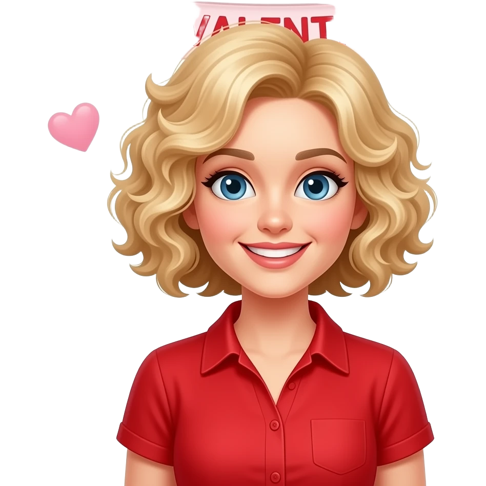 blonde tight curly hair in a short bob with a Happy Valentine's Day banner and a red short sleeve art blouse and hearts around emoji
