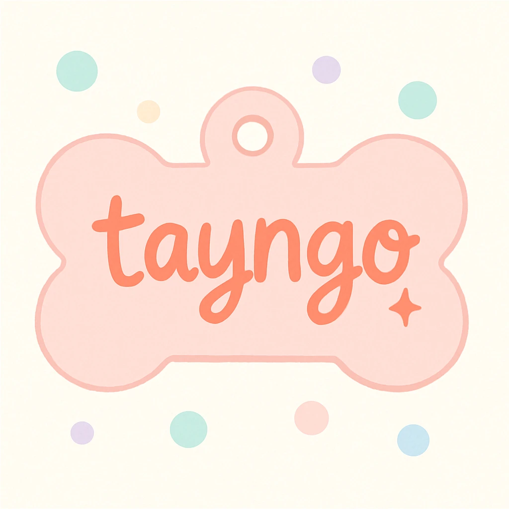 light pink dogtag with 'tayngo' in playful handwritten font emoji