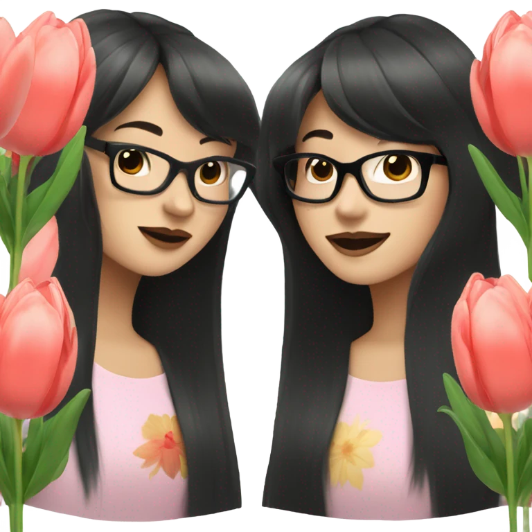 asian pale skin girl with long black shaking hair and bangs and glasses holding tulips emoji