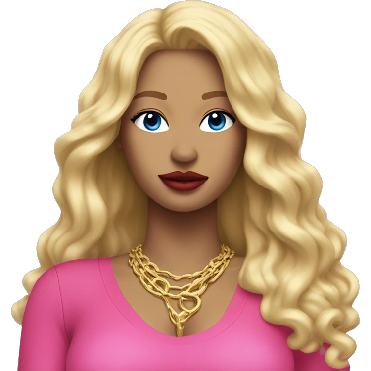 blonde woman with full banngs and long blonde hair with red lipstick on her lips a gold necklace and a pink,blue and silver bodysuit emoji