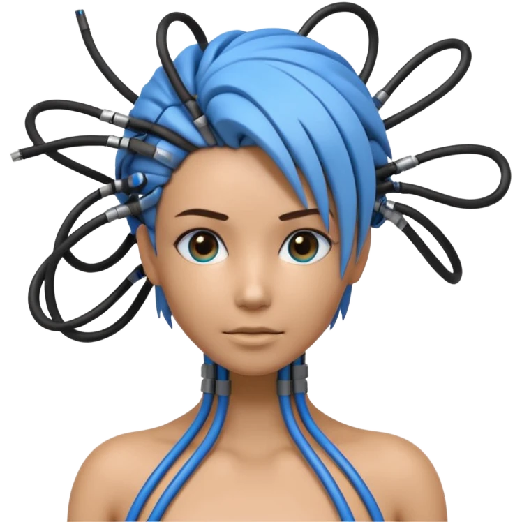 3D render of Wire Hair, futuristic cyborg aesthetic, fusion of organic skin and chrome metal, bundle of black and blue ethernet cables styled like hair, emoji style, isolated on white background --v 6.0. emoji